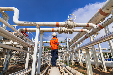 Male worker inspection at valve of visual check record pipeline oil and gas