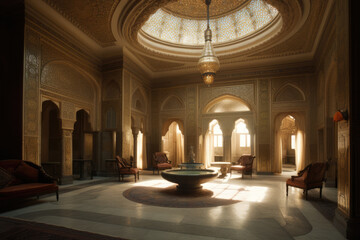 Oriental interior, arches, columns, lantern. Oriental  Palace interior. Generative ai illustration