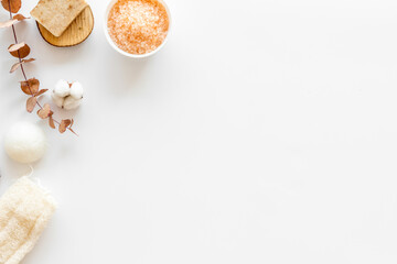 Spa and bathroom background with cosmetics and accessories