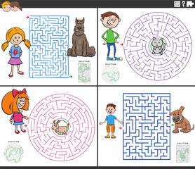 maze activity games set with cartoon kids ant their pets