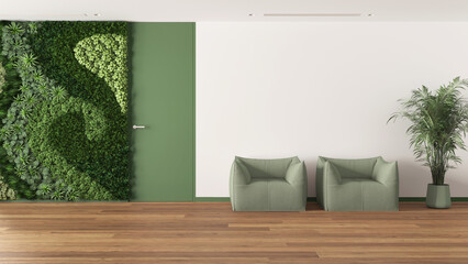 Minimal waiting sitting room with parquet in white and green tones. Vertical garden and potted palm, soft armchairs and door. Modern interior design idea