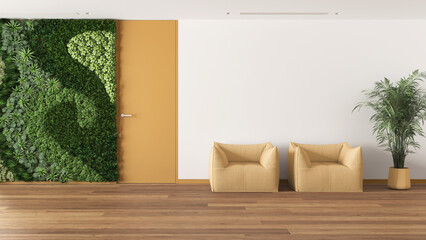 Minimal waiting sitting room with parquet in white and yellow tones. Vertical garden and potted palm, soft armchairs and door. Modern interior design idea