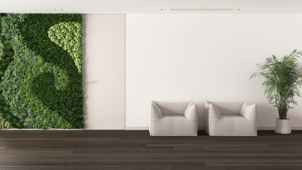 Minimal waiting sitting room with dark parquet in white and beige tones. Vertical garden and potted palm, soft armchairs and door. Modern interior design idea