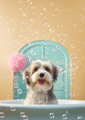 Cute Havanese dog in a small bathtub with soap foam and bubbles, cute pastel colors.