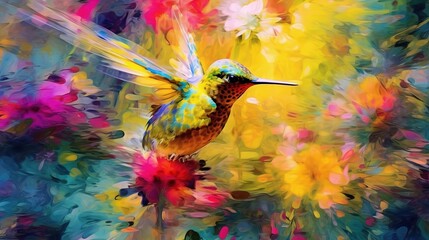 Tropical floral background with exotic flowers and hummingbird. Generative AI. Illustration for banner, poster, cover or presentation.