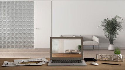 Architect designer desktop concept, laptop on wooden work desk with screen showing interior design project, blueprint draft background, sitting waiting room with glass brick wall