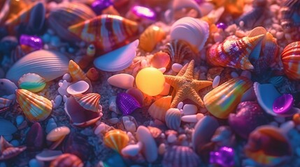 Seashells and starfish on seashore in tropical beach. Generative AI. Illustration for banner, poster, cover or presentation.