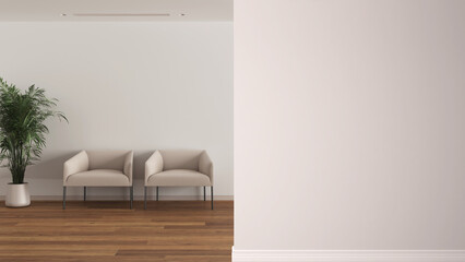 Minimal sitting waiting room with white fabric soft armchairs on a foreground wall, interior design architecture idea, concept with copy space, blank background