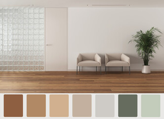 Interior design scene with palette color. Different colors and patterns. Architect and designer concept idea. Minimal white sitting waiting room with glass brick wall