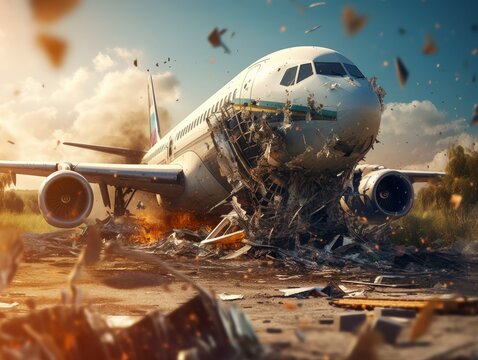A burning plane crashed in the ground and exploded. Broken details and pieces. aviation accident. wallpaper background