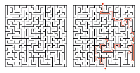 Labyrinth game way. Square maze, simple logic game with labyrinths way. How to find out quiz, finding exit path rebus or logic labyrinth challenge isolated vector illustration