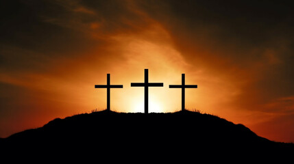 Silhouette of the cross on the mountain at sunset.
Good Friday Concept. 