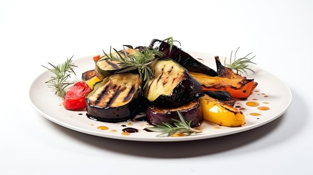 A plate of grilled vegetables with balsamic glaze and herbs on White Background with copy space for your text created with generative AI technology