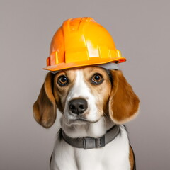 dog wearing yellow hard hat isolated on gray studio background, made with generative ai