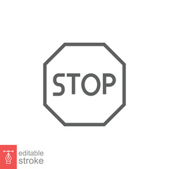 Stop sign icon. Simple outline style. Traffic symbol, warning, highway, octagon, caution, safety concept. Thin line symbol. Vector illustration isolated on white background. Editable stroke EPS 10.