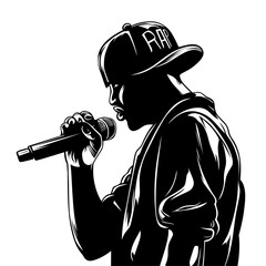 Hip Hop Singer or Rapper singing vector illustration, hip hop rap artist wearubg a hat and holding a mic black and white vector image - obrazy, fototapety, plakaty