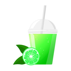 Green fresh lime juice in plastic glass. Citrus juice in clear plastic cup. Vector illustration for design of fresh product, juice, canned food, menu for cafe
