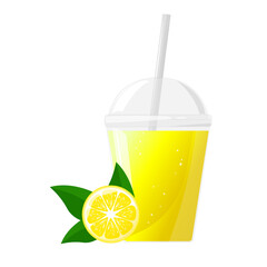 Yellow fresh lemon juice in plastic glass. Citrus juice in clear plastic cup. Vector illustration for design of fresh product, juice, canned food, menu for cafe