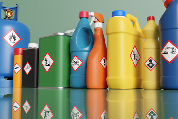 Plastic bottles and metallic tins having with different hazardous warning labels. Illustration of the concept of alert of chemical classification - obrazy, fototapety, plakaty