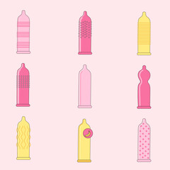 Vector Set of Condom Icons. Types of Condoms. Pink yellow 