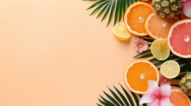 Orange farbiger Hintergrund in der Draufsicht mit Fr&uuml;chten, Zitronenscheiben, Orangenscheiben, Ananas und tropischen Bl&uuml;ten mit Platz f&uuml;r Text, Generative AI