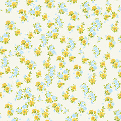 Floral pattern. Beautiful flowers on a light background. Print with small yellow and blue flowers. Seamless vector texture. Spring bouquet. Stock vector.