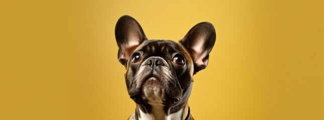 Banner adorable dog french bulldog breed making angry face and serious face on yellow background, Happy dog smile ready to summer, Purebred Dog Concept - obrazy, fototapety, plakaty