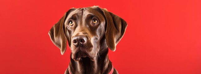 Banner adorable dog breed making angry face and serious face on red background,Happy dog smile ready to summer, Purebred Dog Concept - obrazy, fototapety, plakaty