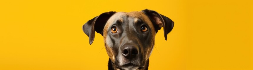 Banner adorable dog breed making angry face and serious face on yellow background, Happy dog smile ready to summer, Purebred Dog Concept