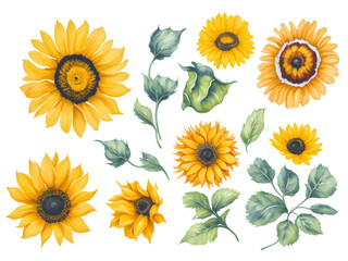 set of watercolor sunflower on transparent background, generative ai