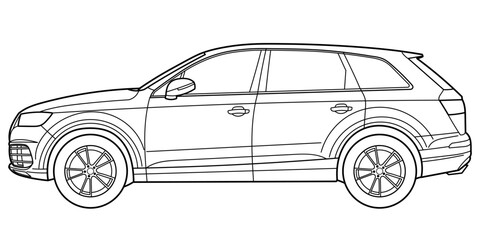 Classic luxury suv car. Crossover car front view shot. Outline doodle vector illustration. Design for print, coloring book	
