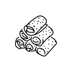 Stuffed rolled pancakes black line icon.