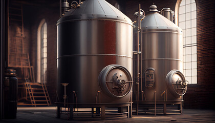 Modern Beer Factory. Rows of steel tanks for beer fermentation and maturation. Spot light effect Generative AI