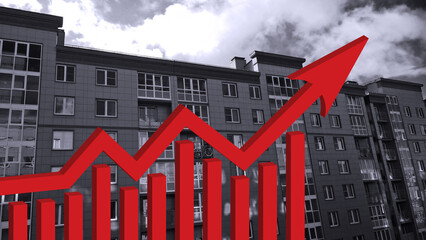 Red growing up large 3d arrow on residential building background. Rising housing price for purchase, sale and rental of real estate. Flat. Bar chart and graph. Interest Rate Increases. Apartment.