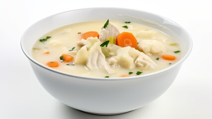 A bowl of creamy chicken and dumpling soup with carrots and celery on White Background with copy space for your text created with generative AI technology