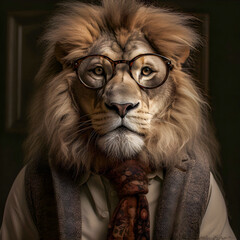 A Lion wearing suit and glasses in front of camera, Generative AI