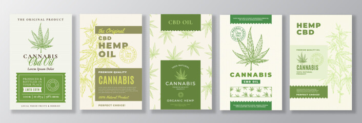 CBD Hemp Oil Vector Package Labels Bundle. Modern Typography and Hand Drawn Cannabis Plant Branch with Leaves Sketch Illustrations Collection. Background Layouts with Seamless Pattern Design Isolated