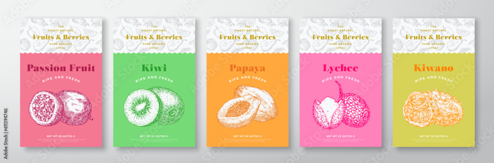 Wall mural fruits and berries pattern label templates set. vector packaging design layout collection. modern ty