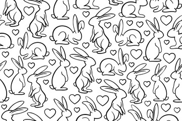 Cute and sweet pet bunnies seamless pattern. Repeating pattern with line art adorable rabbits with black thin line. 