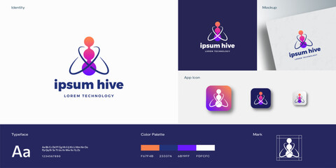 Hive Bee Technology Abstract Vector Logo and Business Card Template. Bee Silhouette with Orbits as Wings. Identity Guide with Typography mockup and app icons background layout Isolated