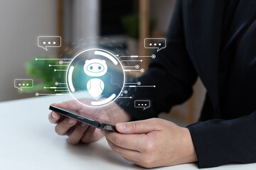 AI tech with chatbot, businessman using mobile phone to communicate with AI and ask business questions icons, artificial intelligence solves human problems for users to achieve intelligent results.