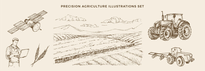 Precision Agriculture Vector Illustrations Set. Hand Drawn Farmer with Laptop Operating Tractor with Satellite and Field Landscape Drawings Collection Modern Automated Crop Production Doodle Isolated
