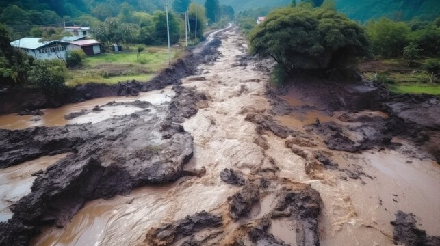 road destroyed by lines and landslides and mudflows. natural disaster and environmental disaster. Generative AI