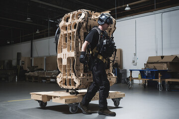 American engineer is testing a futuristic bionic exoskeleton and picking up objects in a industry factory. Contractor is heavy lifting parts in a powered shell, created with Generative AI - obrazy, fototapety, plakaty