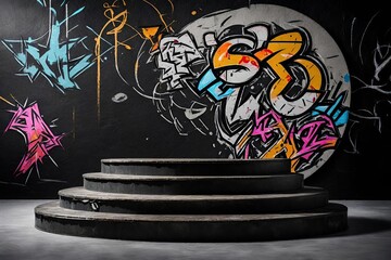 Round product podium with graffiti on the wall. 