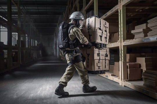 American engineer is testing a futuristic bionic exoskeleton and picking up objects in a industry factory. Contractor is heavy lifting parts in a powered shell, created with Generative AI