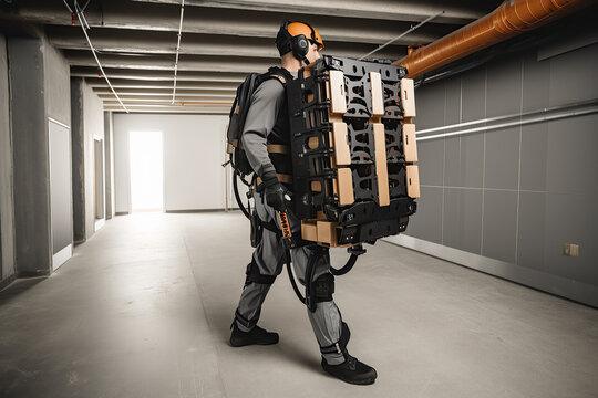 American engineer is testing a futuristic bionic exoskeleton and picking up objects in a industry factory. Contractor is heavy lifting parts in a powered shell, created with Generative AI
