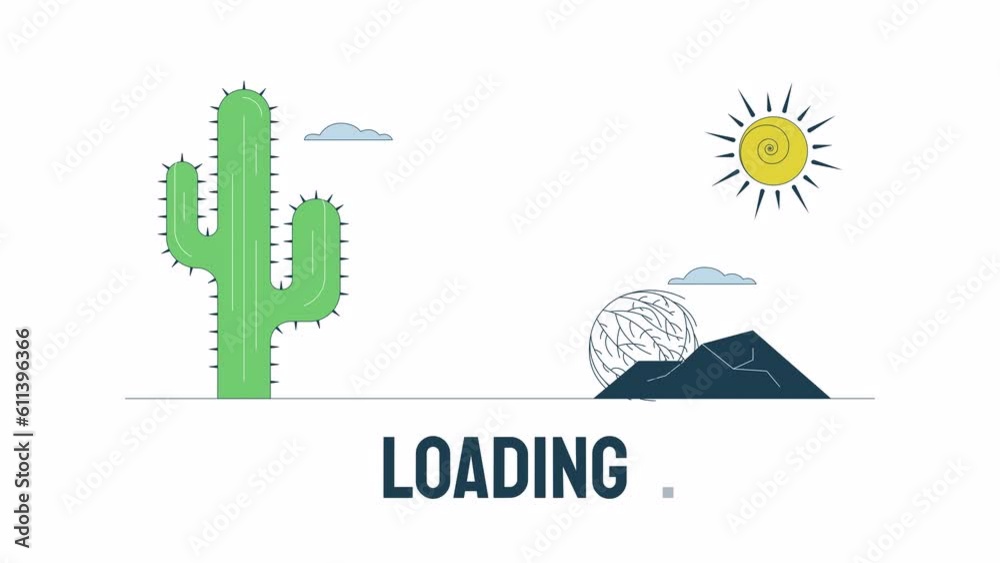 Poster desert wasteland loader animation. tumbleweed on road. cactus, mountain. flash message 4k video foot