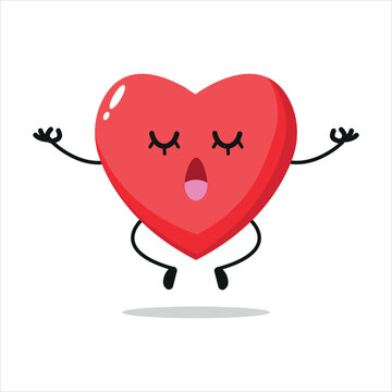 Relax heart character. Funny Heart doing yoga with calm cartoon emoticon in flat style.