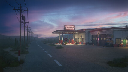 Remote gas station on an empty desert road at night. 3D illustration. © IG Digital Arts